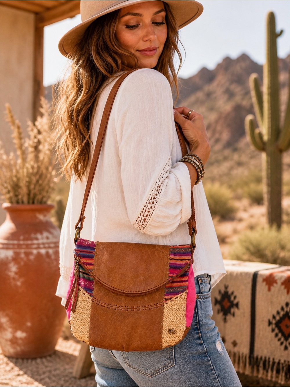 Boho Leather Crossbody The Sak Woven Straw + Serape Festival Desert Chic Bag